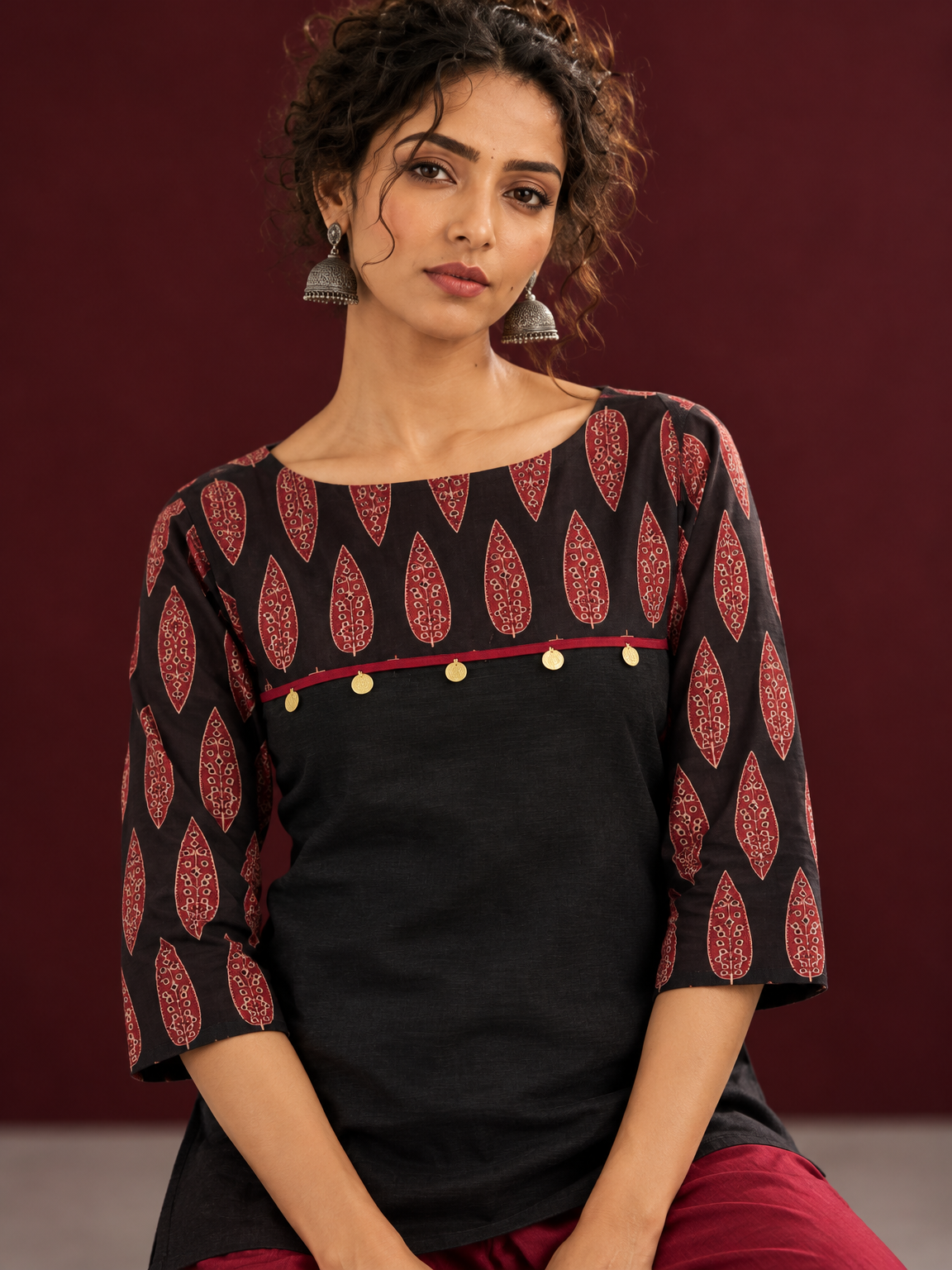 Classic Black Cotton Ajrakh Tunic Co-ord Set with Maroon Straight Pant — fabric detail — view 6