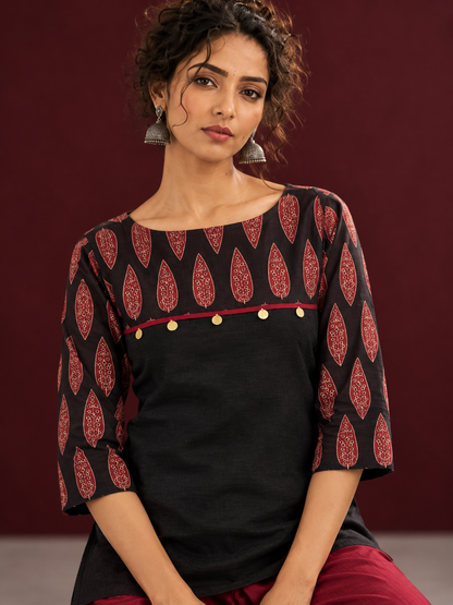 Classic Black Cotton Ajrakh Tunic Co-ord Set with Maroon Straight Pant — fabric detail