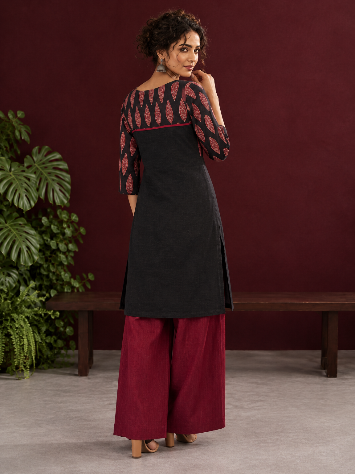 Classic Black Cotton Ajrakh Tunic Co-ord Set with Maroon Straight Pant — back view — view 7