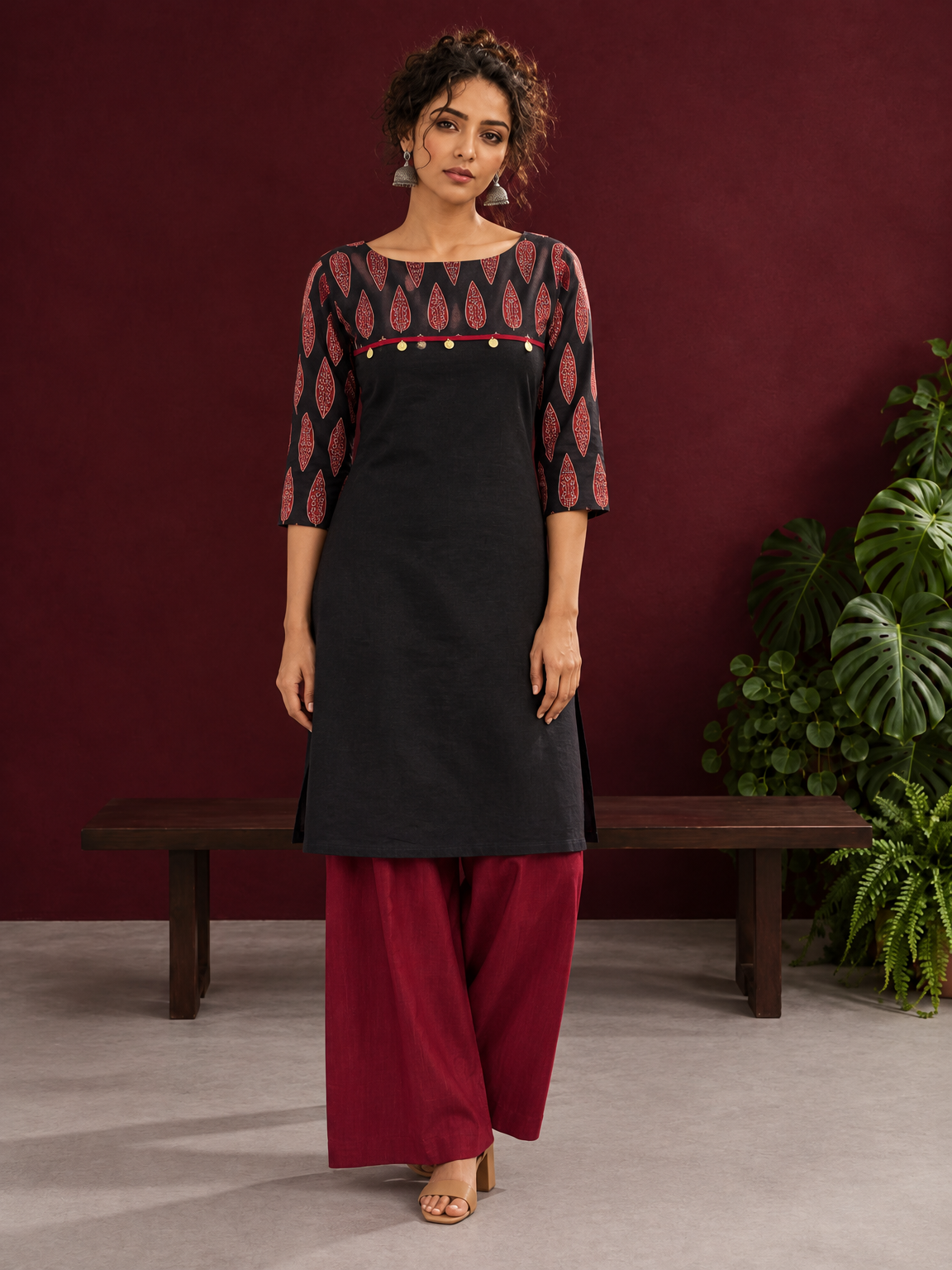 Classic Black Cotton Ajrakh Tunic Co-ord Set with Maroon Straight Pant — front view — view 2