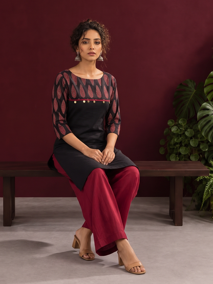 Classic Black Cotton Ajrakh Tunic Co-ord Set with Maroon Straight Pant — seated