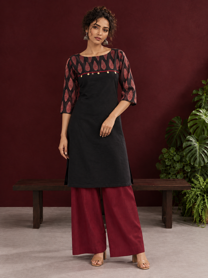 Classic Black Cotton Ajrakh Tunic Co-ord Set with Maroon Straight Pant — side view