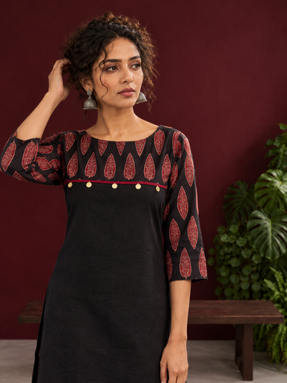 Classic Black Cotton Ajrakh Tunic Co-ord Set with Maroon Straight Pant — styled view