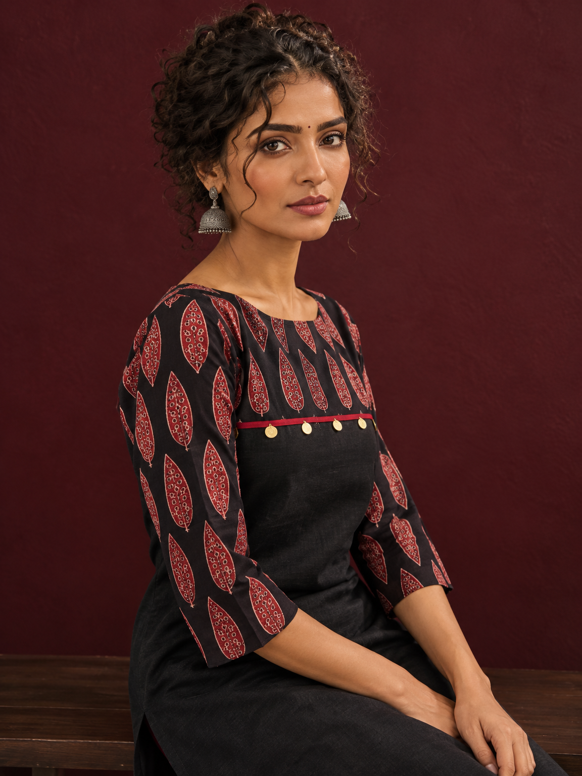 Classic Black Cotton Ajrakh Tunic Co-ord Set with Maroon Straight Pant — seated detail — view 5