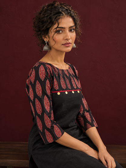 Classic Black Cotton Ajrakh Tunic Co-ord Set with Maroon Straight Pant — seated detail