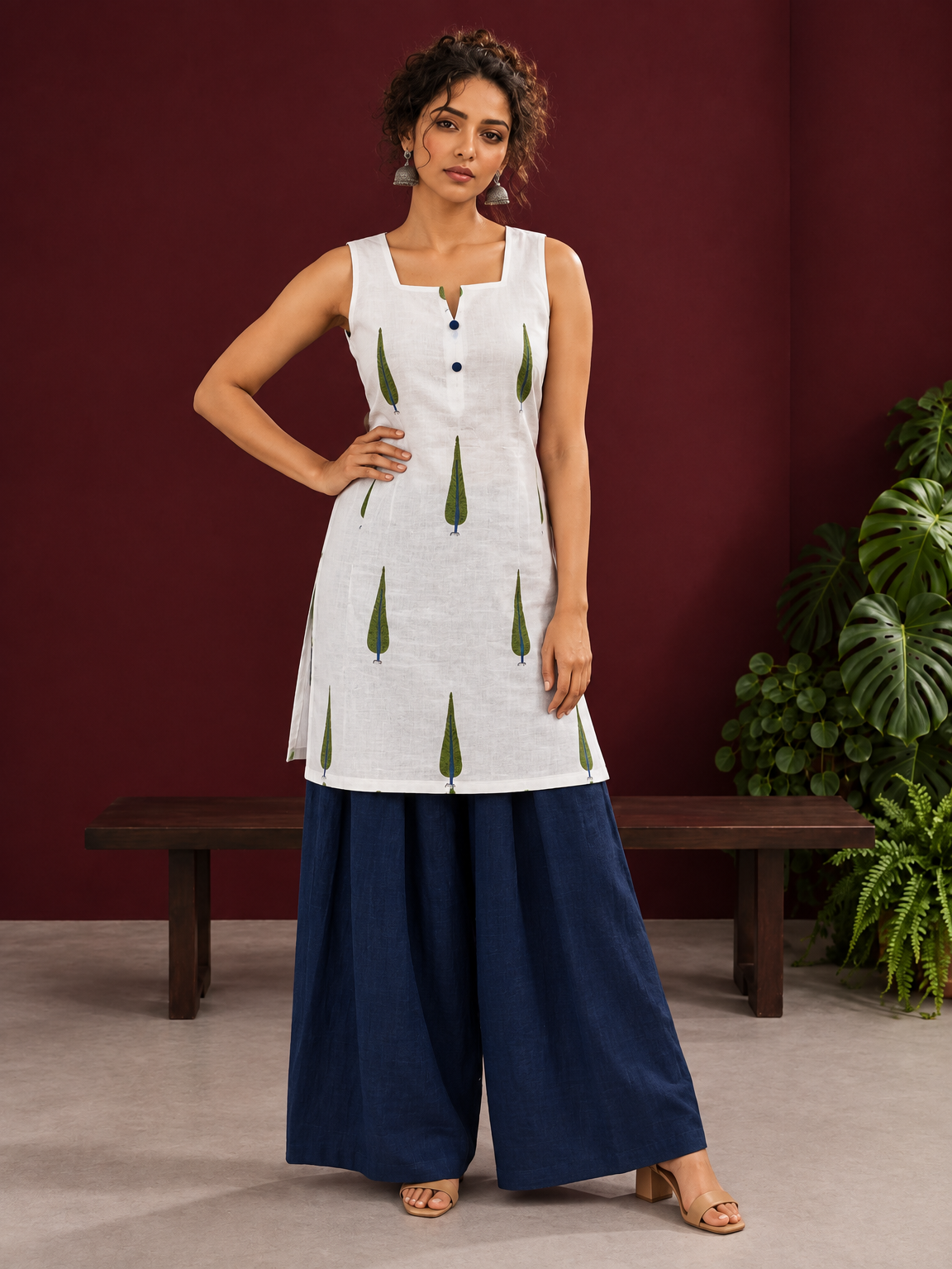 White Cotton Sleeveless Printed Tunic Co-ord Set with Navy Blue Cotton Farshi Salwar