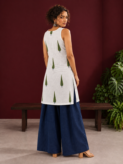 White Cotton Sleeveless Printed Tunic Co-ord Set with Navy Blue Cotton Farshi Salwar — back view