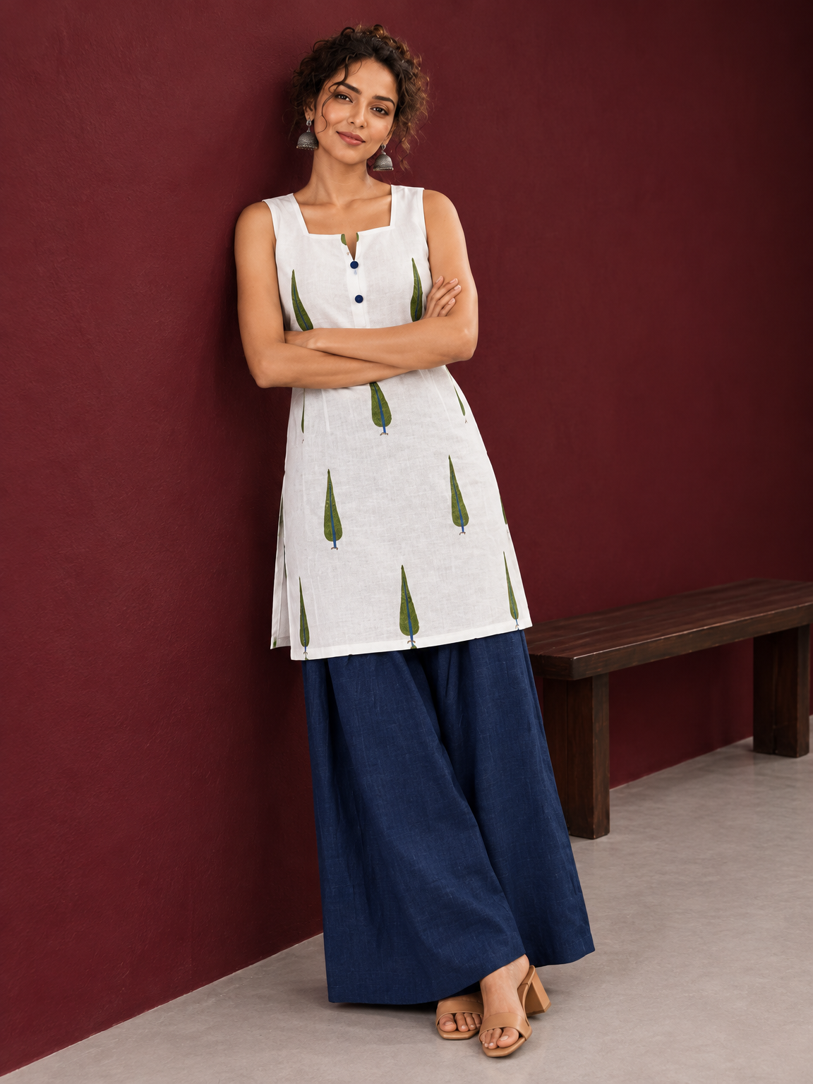 White Cotton Sleeveless Printed Tunic Co-ord Set with Navy Blue Cotton Farshi Salwar — side view — view 2