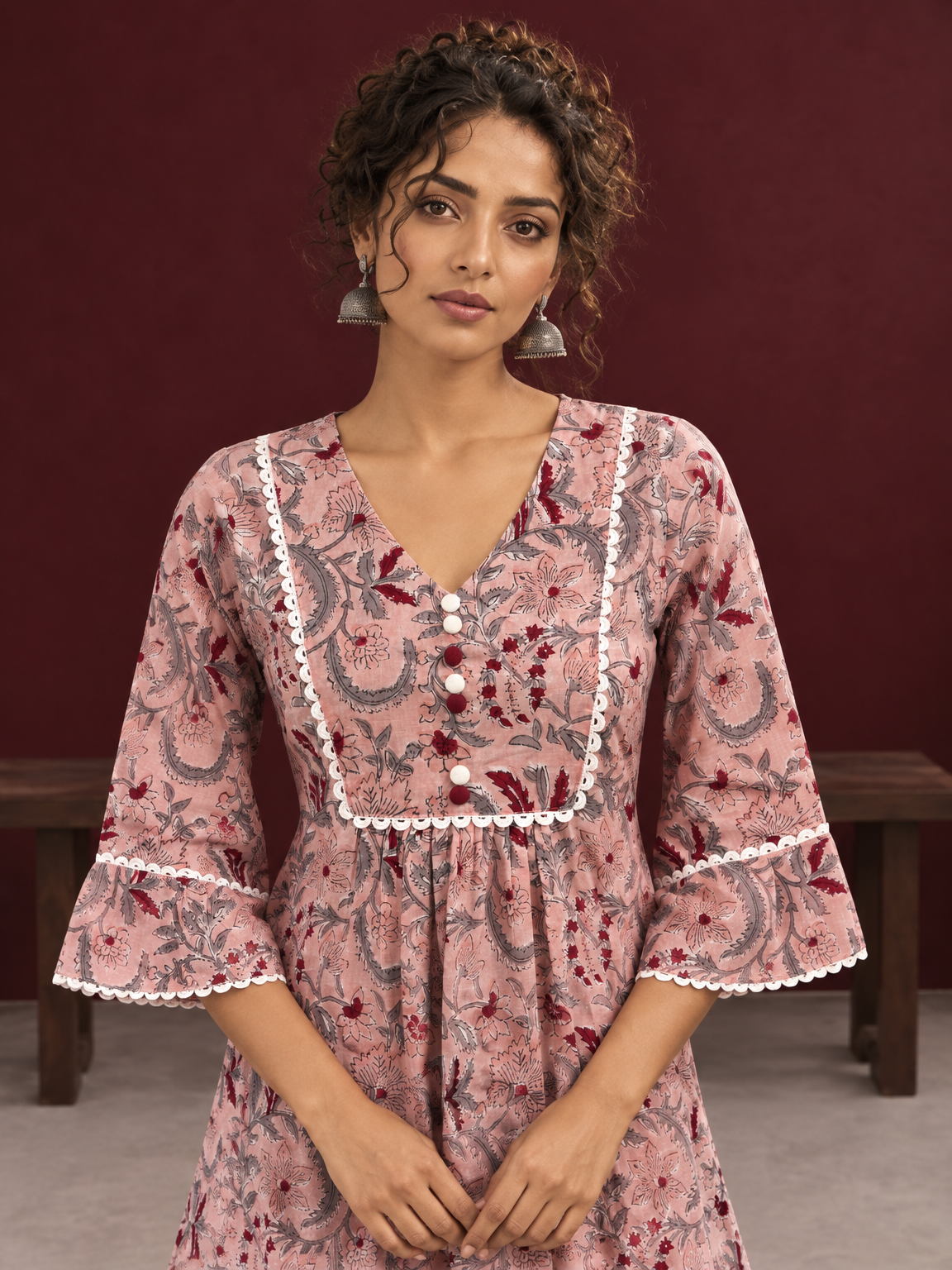 Dusty Pink Cotton Floral Printed Tunic Co-ord Set with White Cotton Farshi Salwar — fabric detail — view 4
