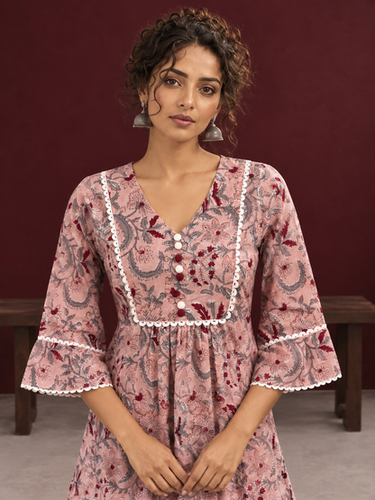 Dusty Pink Cotton Floral Printed Tunic Co-ord Set with White Cotton Farshi Salwar — fabric detail