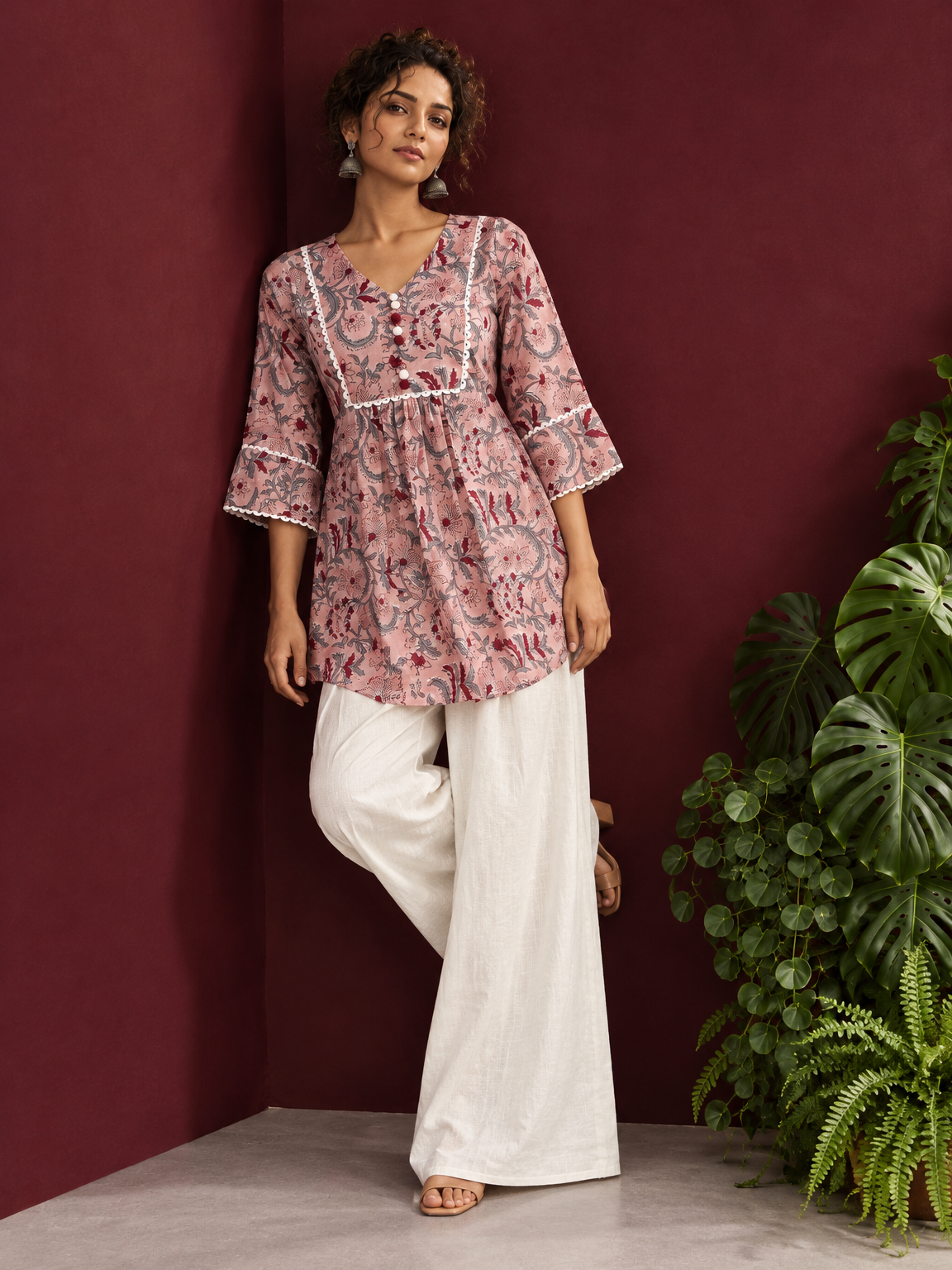 Dusty Pink Cotton Floral Printed Tunic Co-ord Set with White Cotton Farshi Salwar — side view — view 2