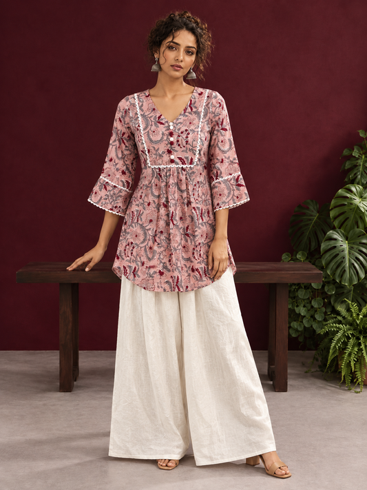 Dusty Pink Cotton Floral Printed Tunic Co-ord Set with White Cotton Farshi Salwar — front view