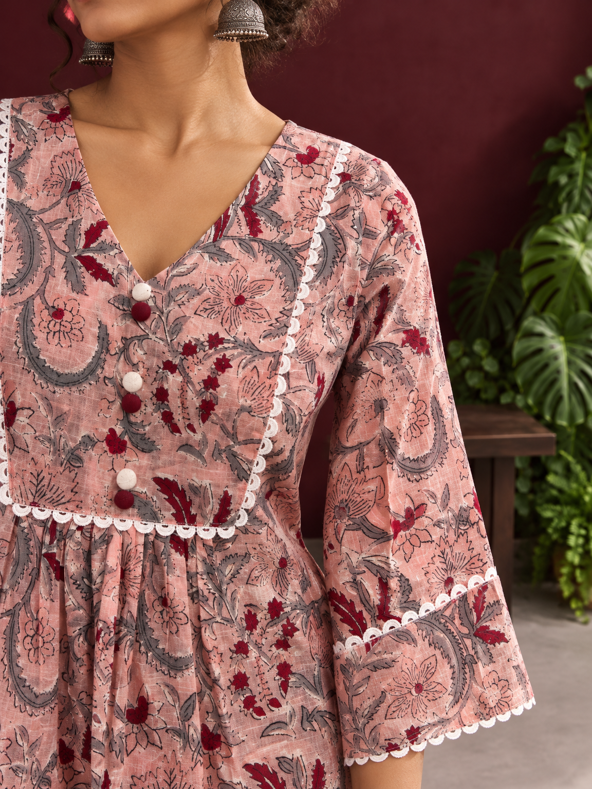 Dusty Pink Cotton Floral Printed Tunic Co-ord Set with White Cotton Farshi Salwar — fabric close-up — view 5
