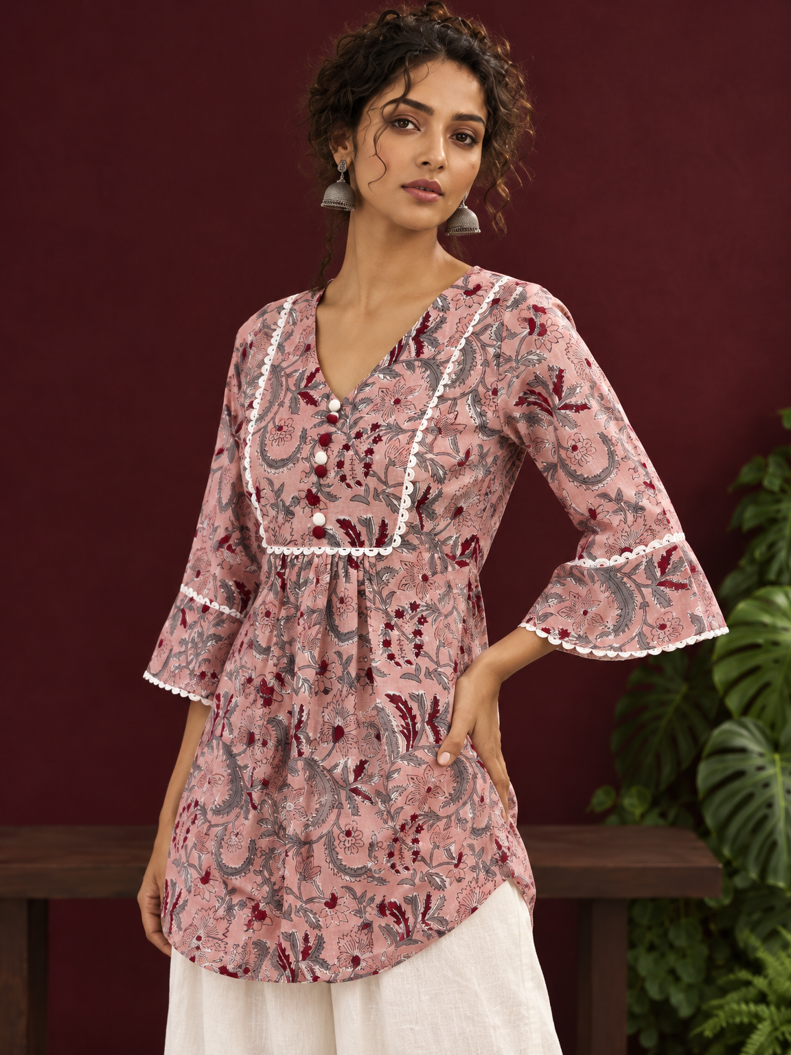 Dusty Pink Cotton Floral Printed Tunic Co-ord Set with White Cotton Farshi Salwar — styled view — view 6