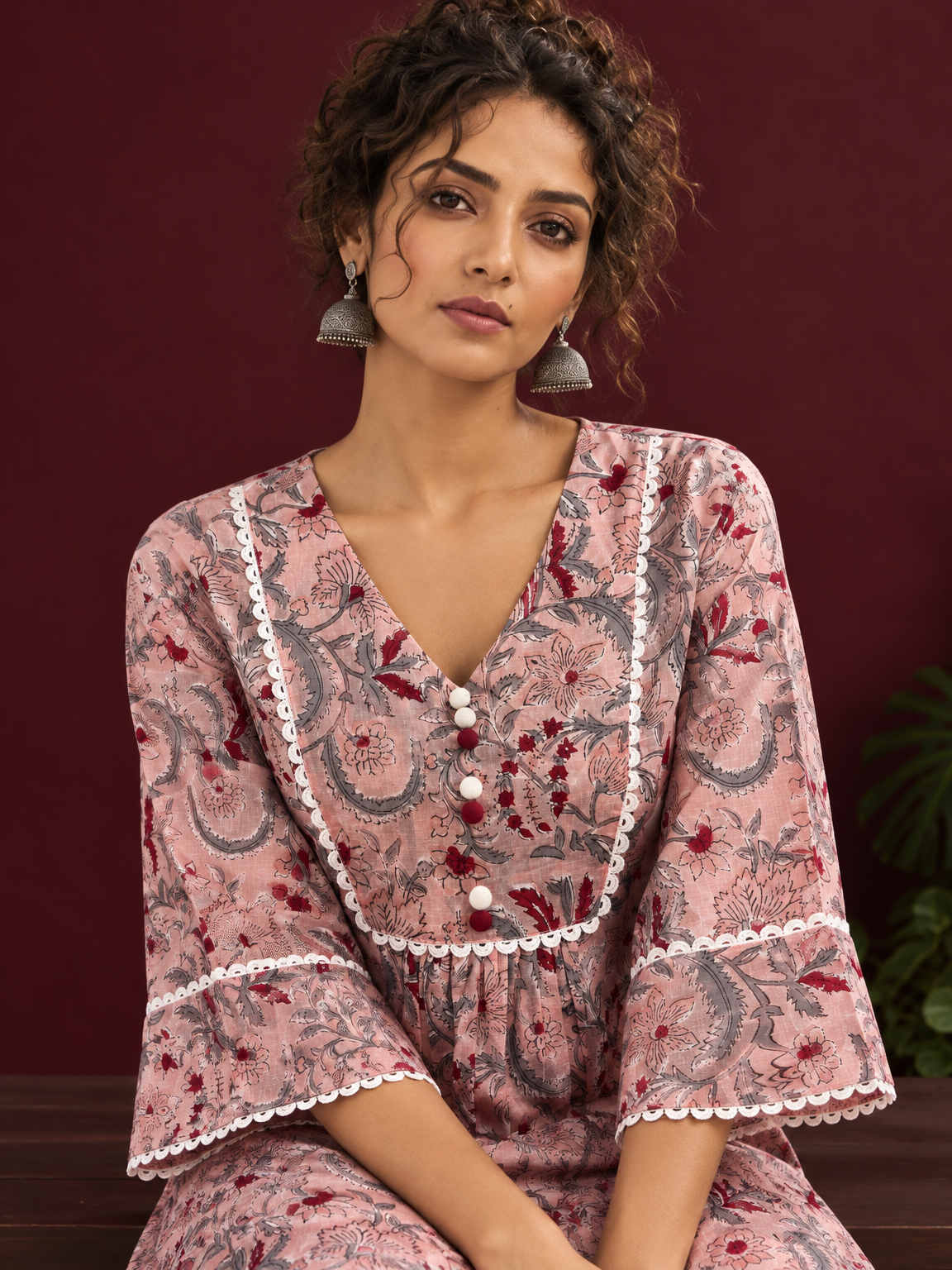 Dusty Pink Cotton Floral Printed Tunic Co-ord Set with White Cotton Farshi Salwar — seated detail — view 7