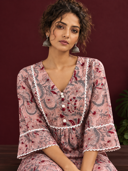 Dusty Pink Cotton Floral Printed Tunic Co-ord Set with White Cotton Farshi Salwar — seated detail
