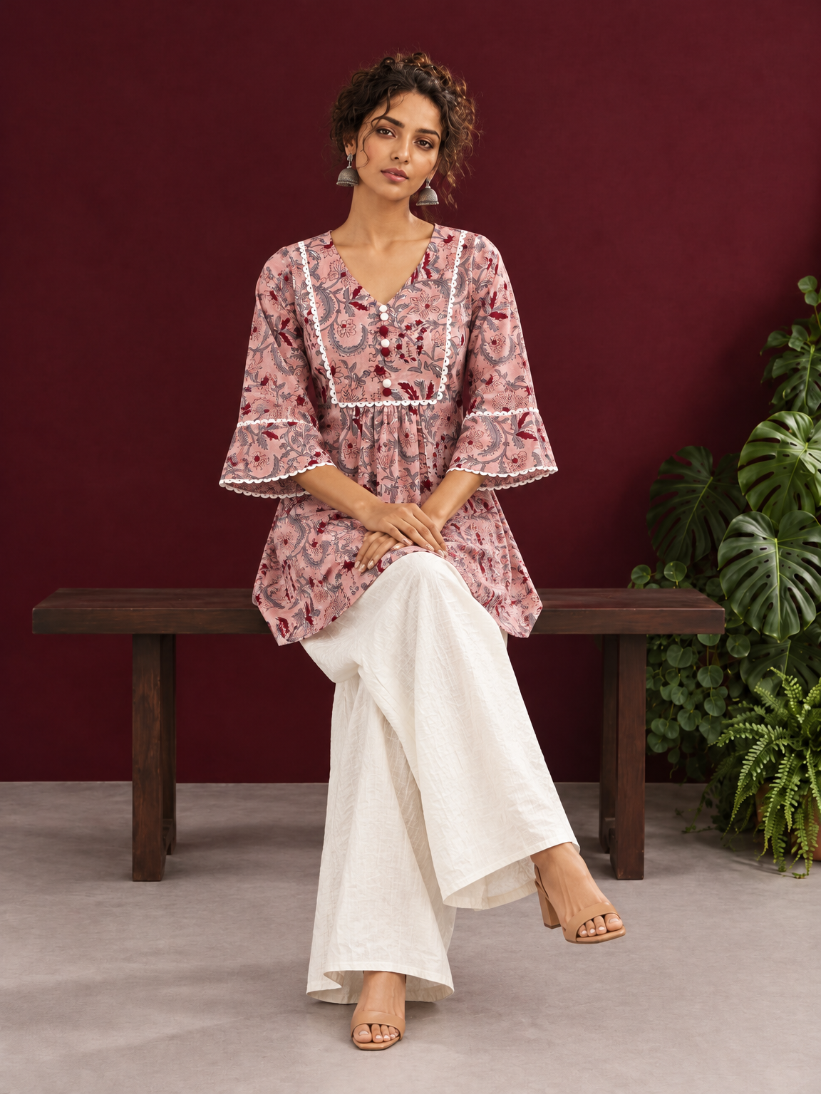 Dusty Pink Cotton Floral Printed Tunic Co-ord Set with White Cotton Farshi Salwar — seated — view 3