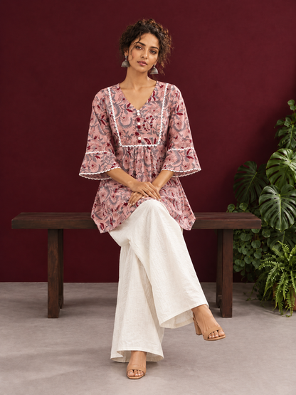 Dusty Pink Cotton Floral Printed Tunic Co-ord Set with White Cotton Farshi Salwar — seated