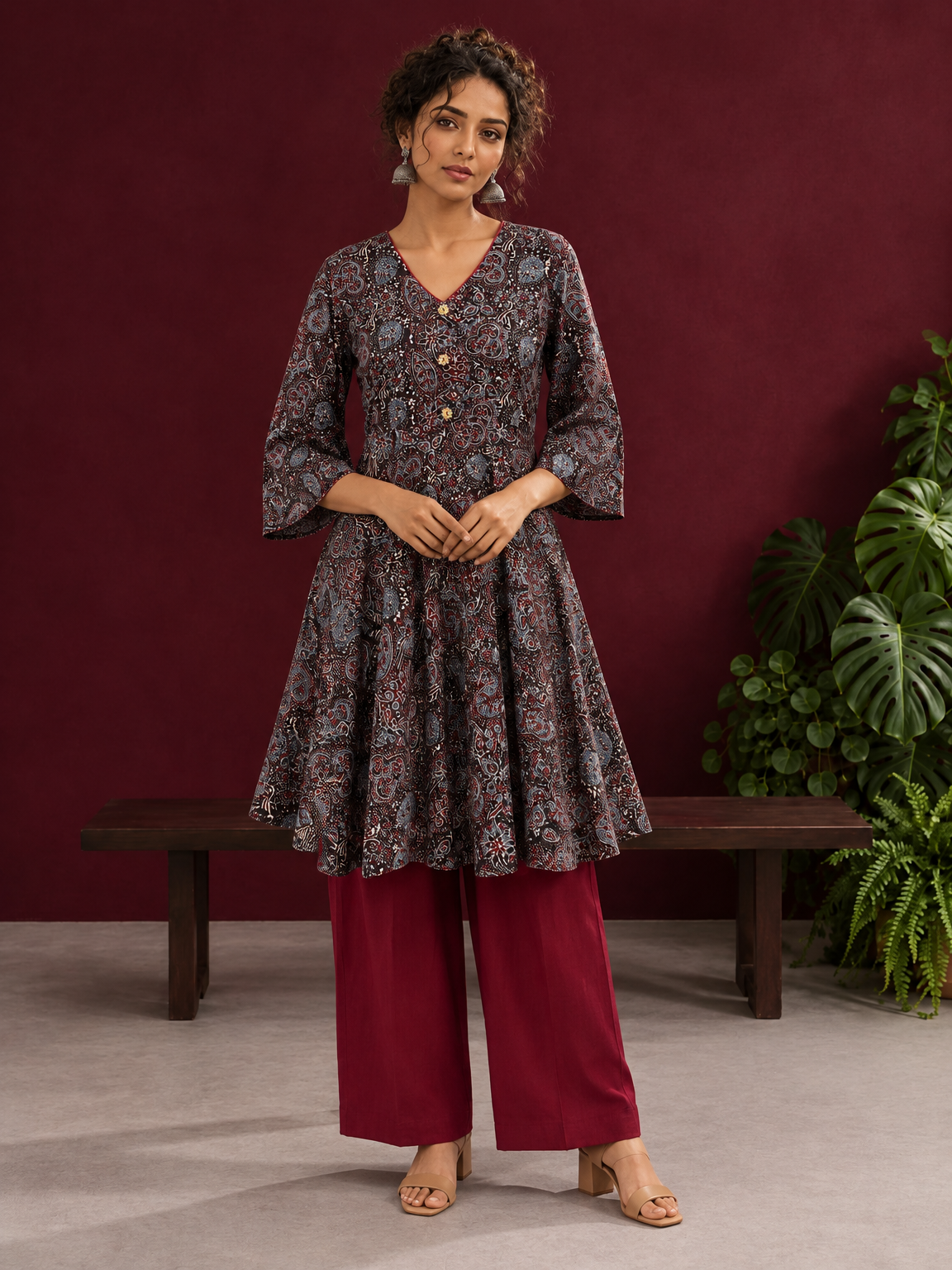 Black Ajrakh Print Cotton Tunic Co-ord Set with Maroon Cotton Straight Pant — front view — view 2