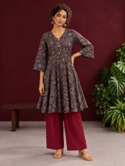 Black Ajrakh Print Cotton Tunic Co-ord Set with Maroon Cotton Straight Pant — side view