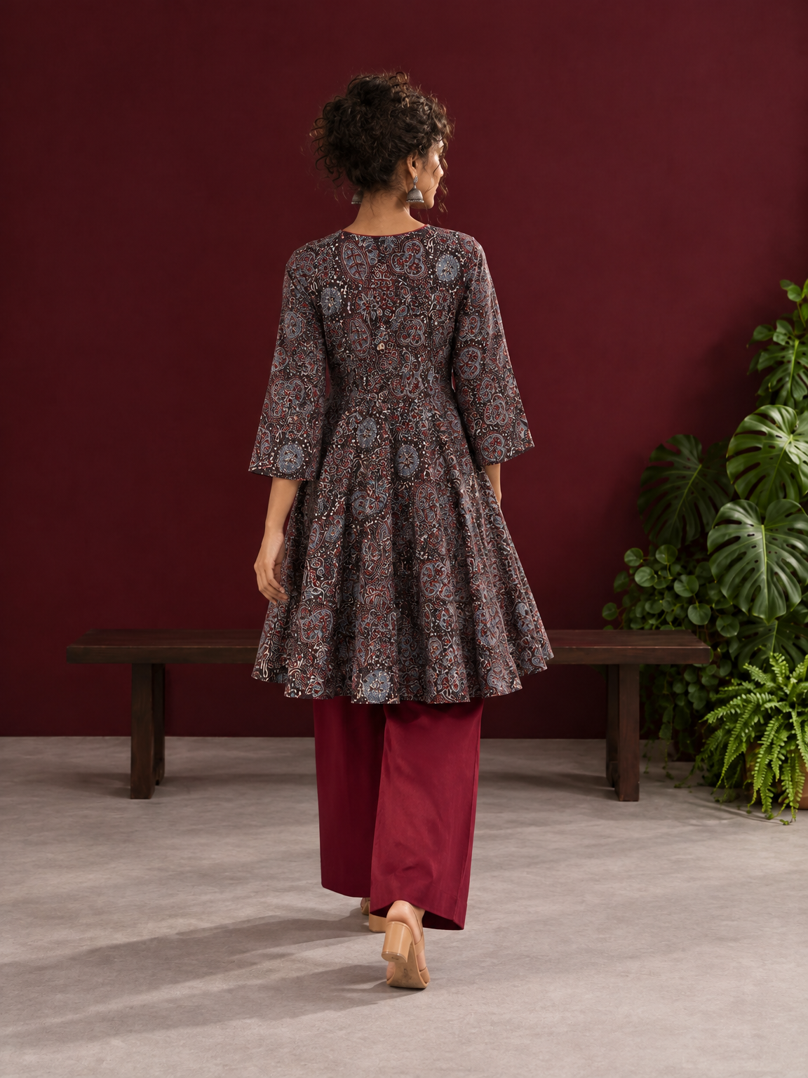 Black Ajrakh Print Cotton Tunic Co-ord Set with Maroon Cotton Straight Pant — back view — view 8