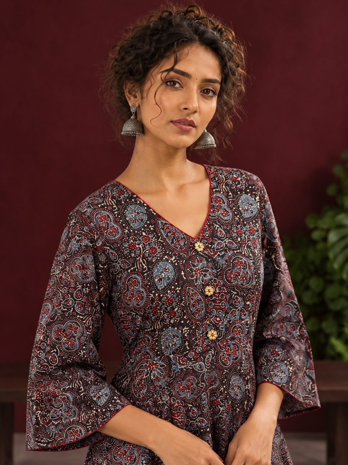 Black Ajrakh Print Cotton Tunic Co-ord Set with Maroon Cotton Straight Pant — fabric detail — view 4