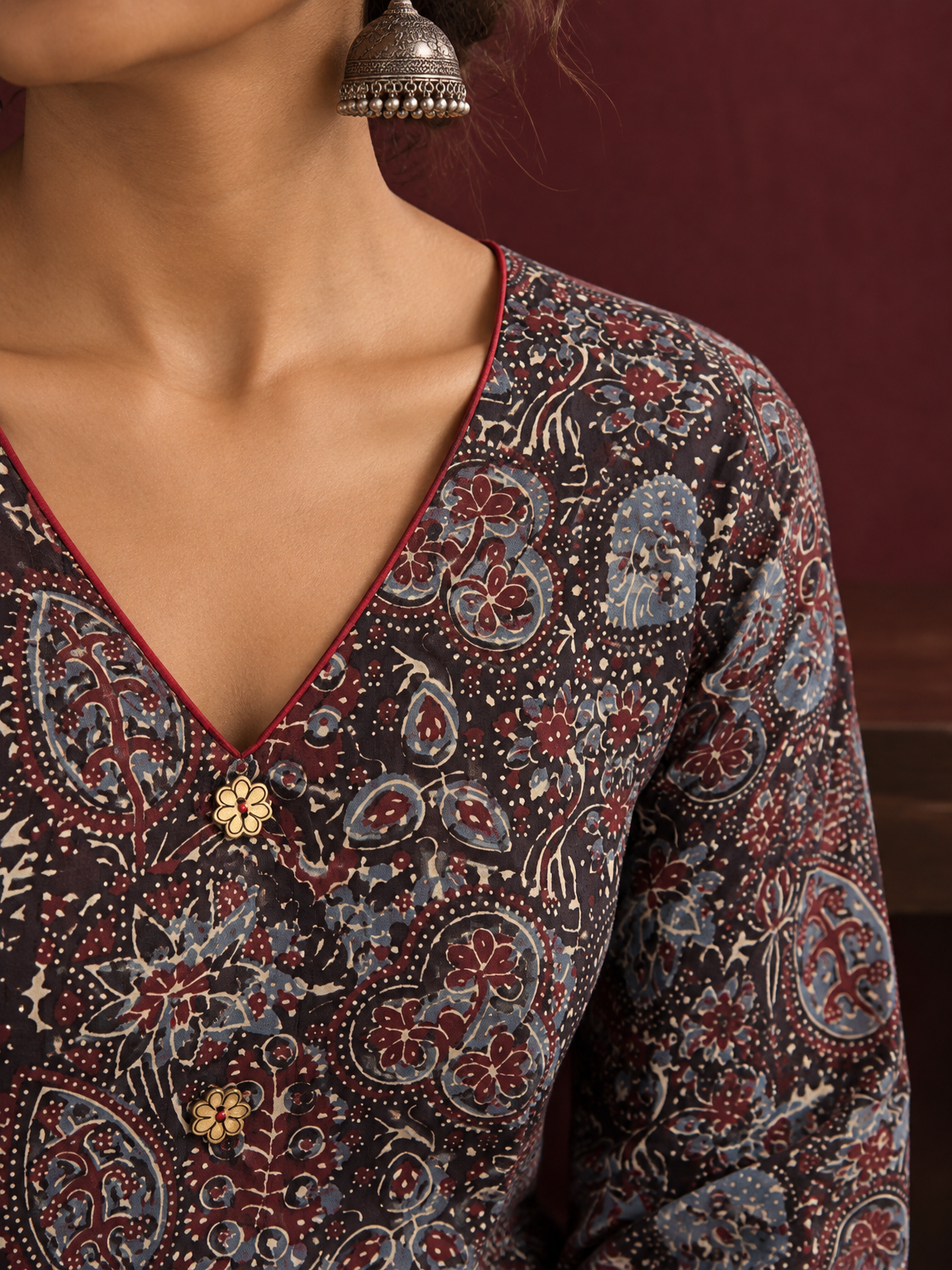 Black Ajrakh Print Cotton Tunic Co-ord Set with Maroon Cotton Straight Pant — fabric close-up — view 5
