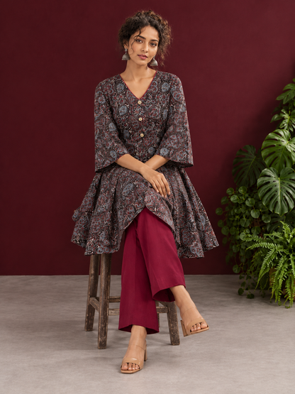 Black Ajrakh Print Cotton Tunic Co-ord Set with Maroon Cotton Straight Pant — seated