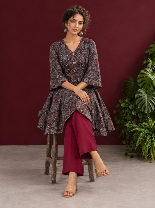 Black Ajrakh Print Cotton Tunic Co-ord Set with Maroon Cotton Straight Pant — seated