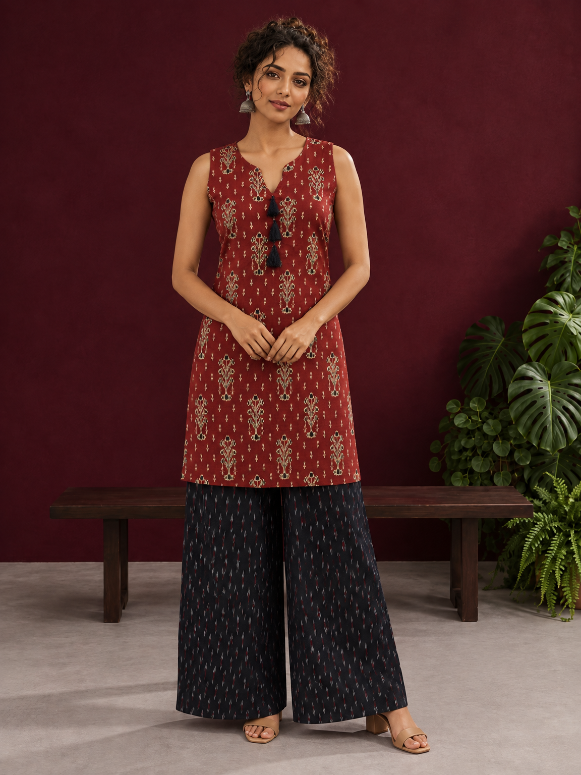 Rustic Maroon Cotton Ikat Printed Sleeveless Tunic Co-ord Set with Black Ikat Straight Pant — front view