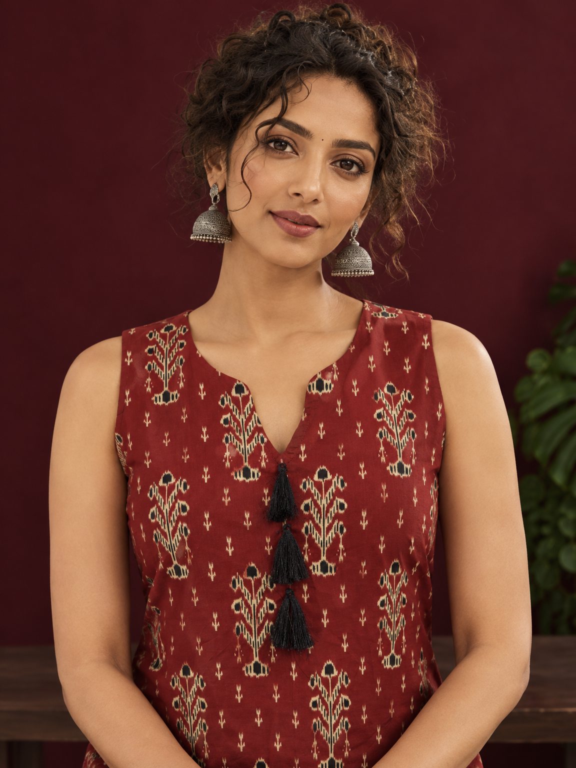 Rustic Maroon Cotton Ikat Printed Sleeveless Tunic Co-ord Set with Black Ikat Straight Pant — fabric detail — view 5
