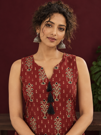 Rustic Maroon Cotton Ikat Printed Sleeveless Tunic Co-ord Set with Black Ikat Straight Pant — fabric detail