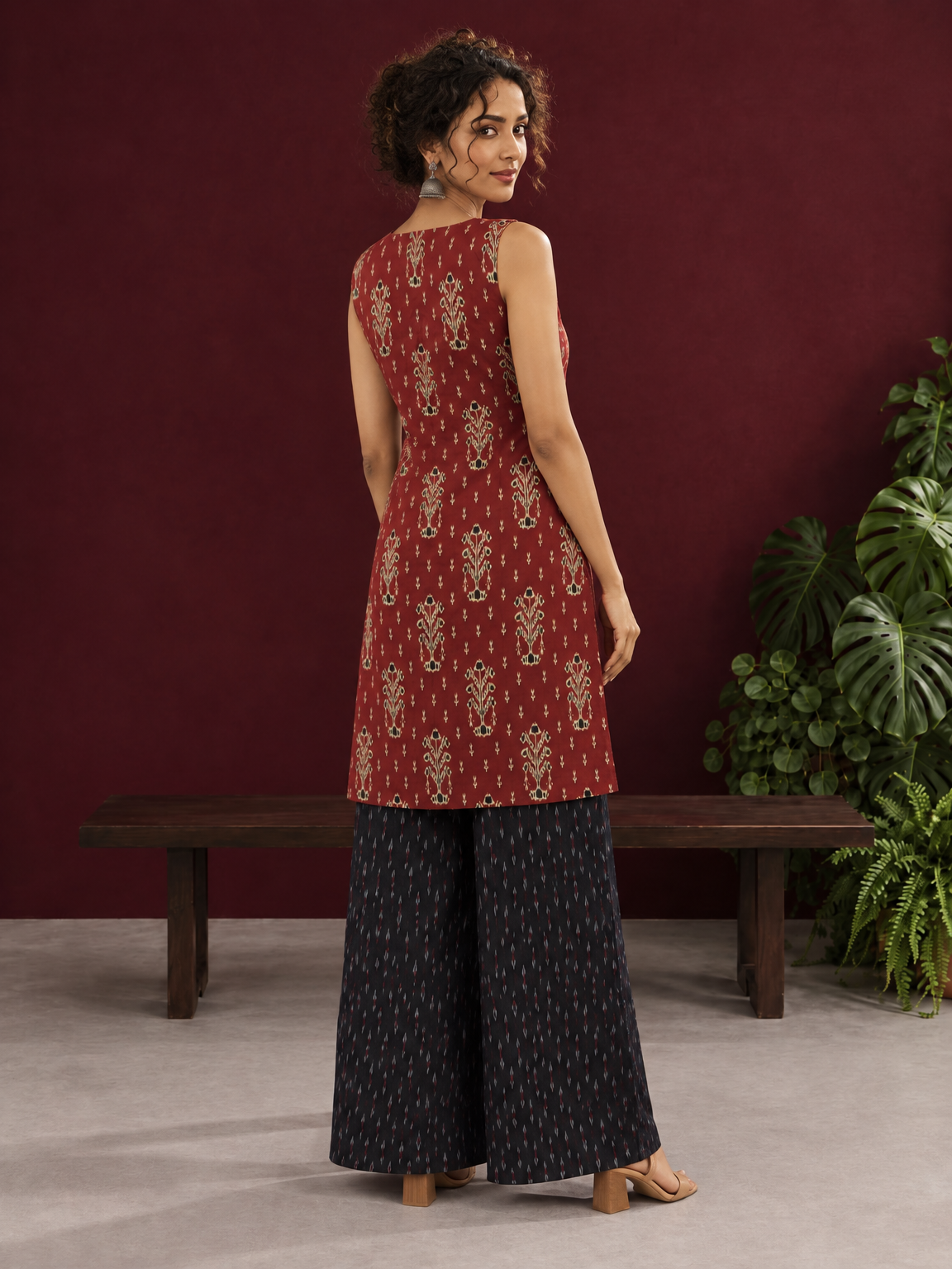 Rustic Maroon Cotton Ikat Printed Sleeveless Tunic Co-ord Set with Black Ikat Straight Pant — back view — view 8