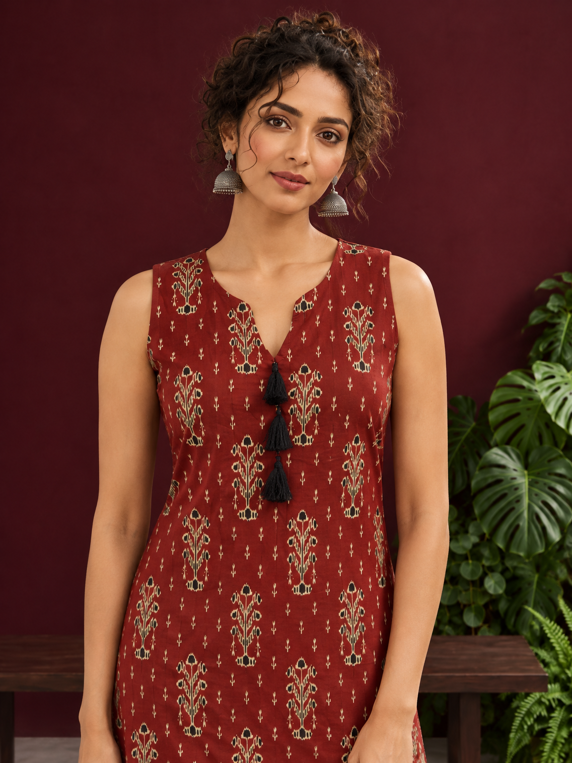 Rustic Maroon Cotton Ikat Printed Sleeveless Tunic Co-ord Set with Black Ikat Straight Pant — styled view — view 6