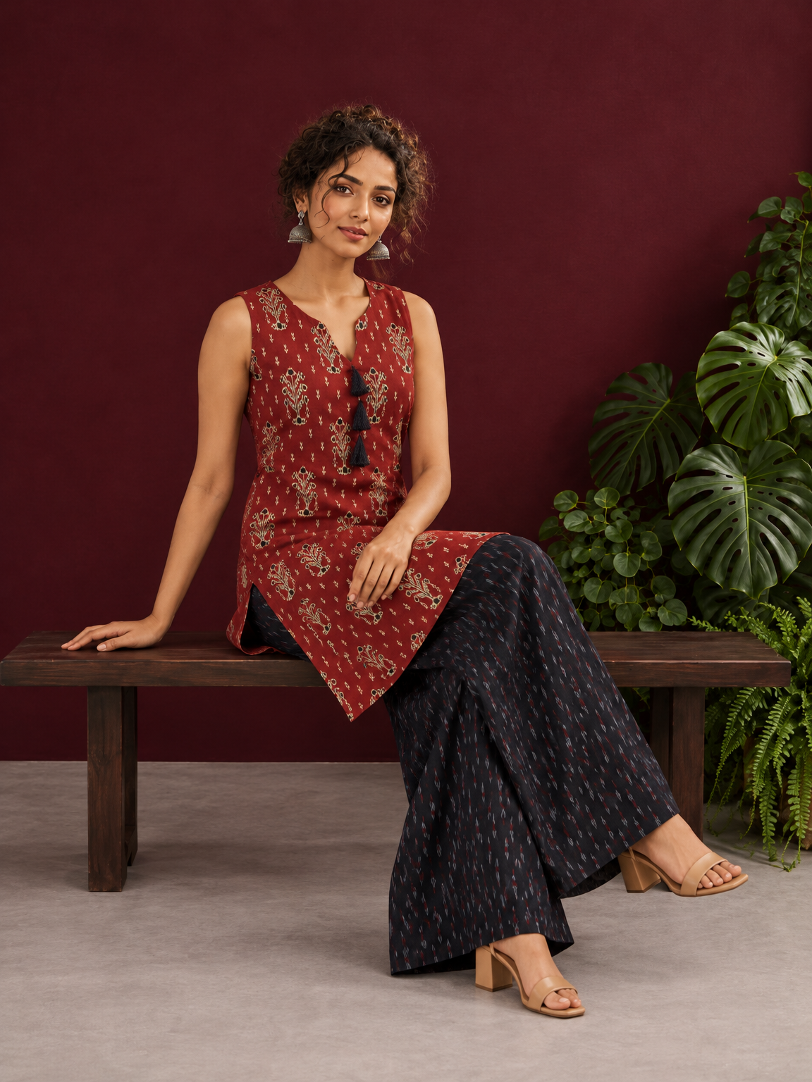 Rustic Maroon Cotton Ikat Printed Sleeveless Tunic Co-ord Set with Black Ikat Straight Pant — seated — view 3