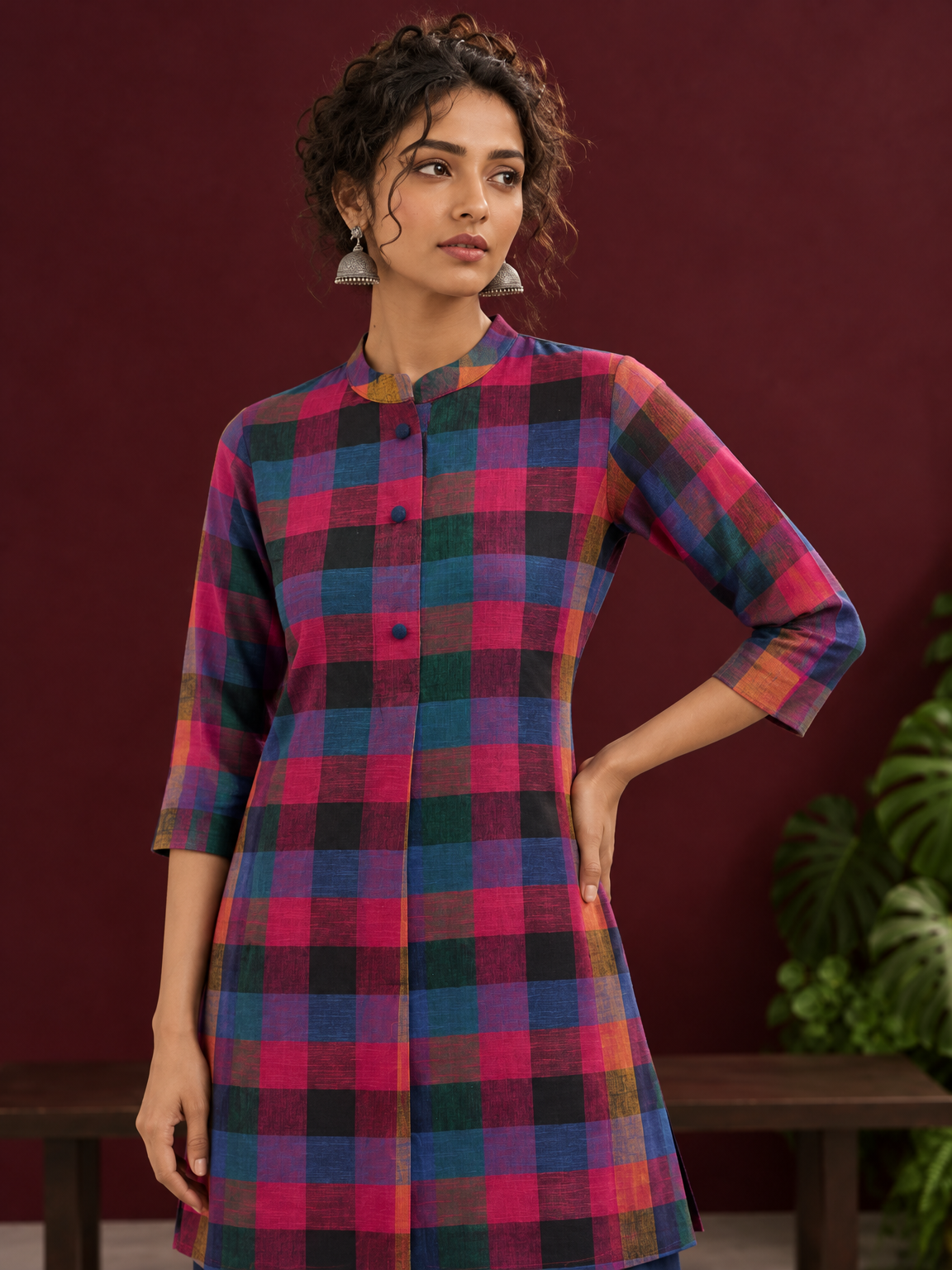 Madras checks Cotton Co ord with Mandarin Collar and Contrast Navy Button Placket and navy blue Farshi Salwar — fabric detail — view 4