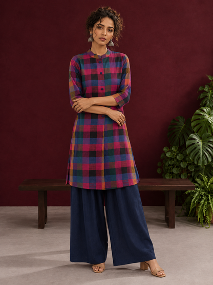 Madras checks Cotton Co ord with Mandarin Collar and Contrast Navy Button Placket and navy blue Farshi Salwar — front view