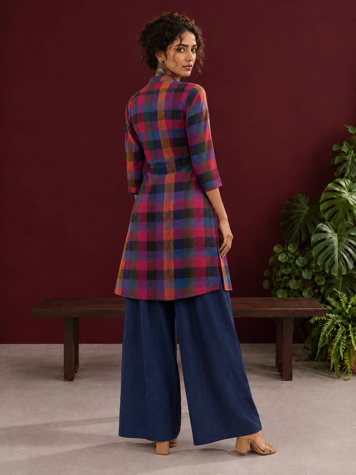 Madras checks Cotton Co ord with Mandarin Collar and Contrast Navy Button Placket and navy blue Farshi Salwar — back view — view 3