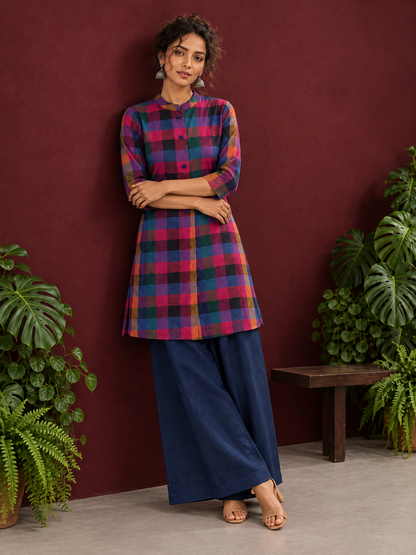 Madras checks Cotton Co ord with Mandarin Collar and Contrast Navy Button Placket and navy blue Farshi Salwar — side view
