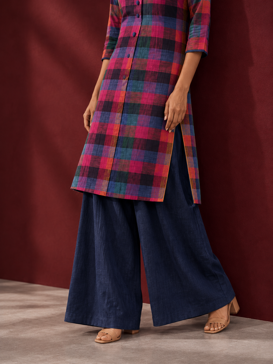 Madras checks Cotton Co ord with Mandarin Collar and Contrast Navy Button Placket and navy blue Farshi Salw — fabric close-up — view 7