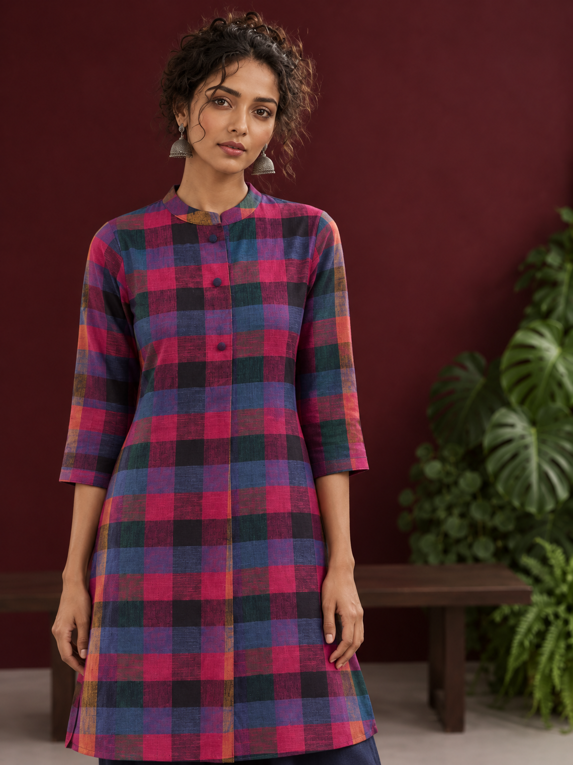 Madras checks Cotton Co ord with Mandarin Collar and Contrast Navy Button Placket and navy blue Farshi Salwar — styled view — view 8