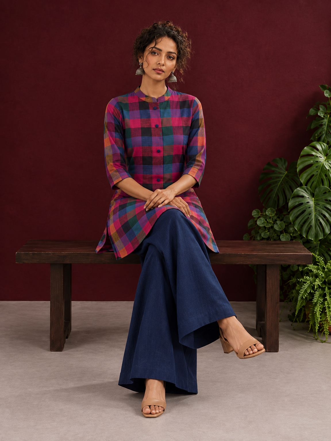 Madras checks Cotton Co ord with Mandarin Collar and Contrast Navy Button Placket and navy blue Farshi Salwar — seated