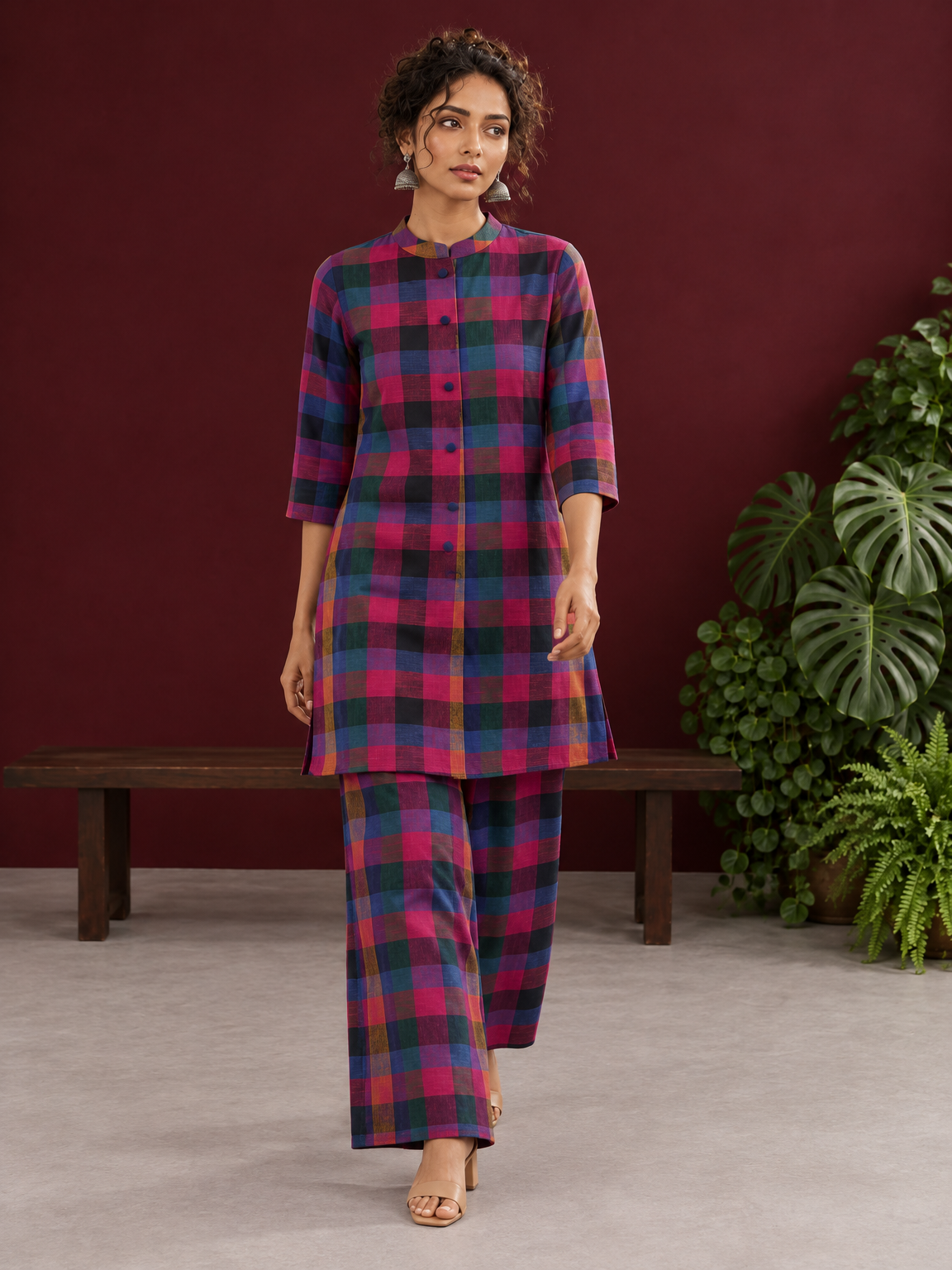 Madras checks Cotton Co ord with Mandarin Collar and Contrast Navy Button Placket and navy blue Farshi Salwar — in motion — view 9