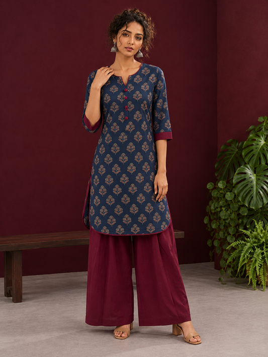 Navy Blue Cotton Kurta with Floral Ajrakh Print & Maroon Contrast Sleeve Cuffs and Maroon Farshi Salwar — front view