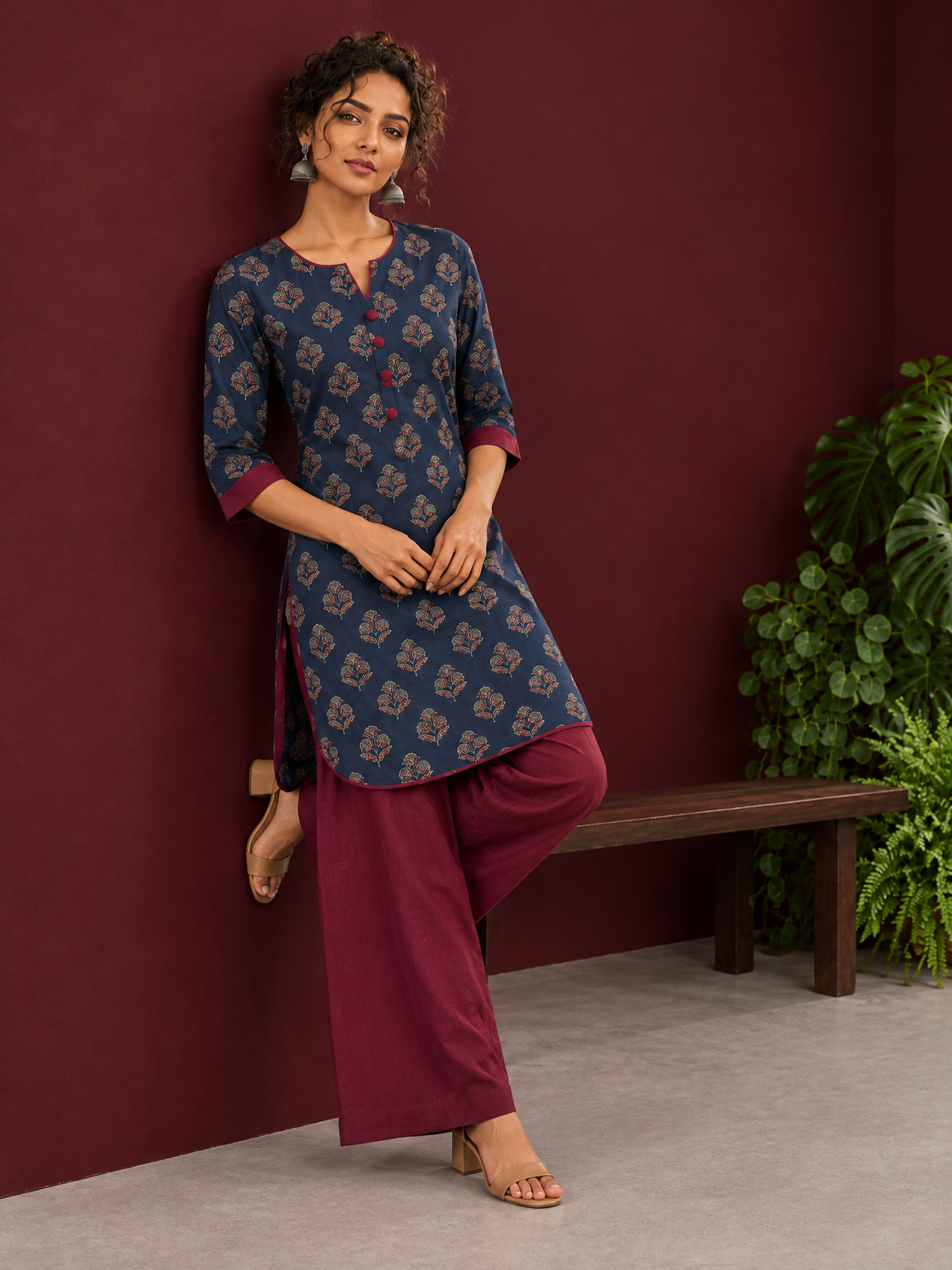 Navy Blue Cotton Kurta with Floral Ajrakh Print & Maroon Contrast Sleeve Cuffs and Maroon Farshi Salwar — side view — view 3