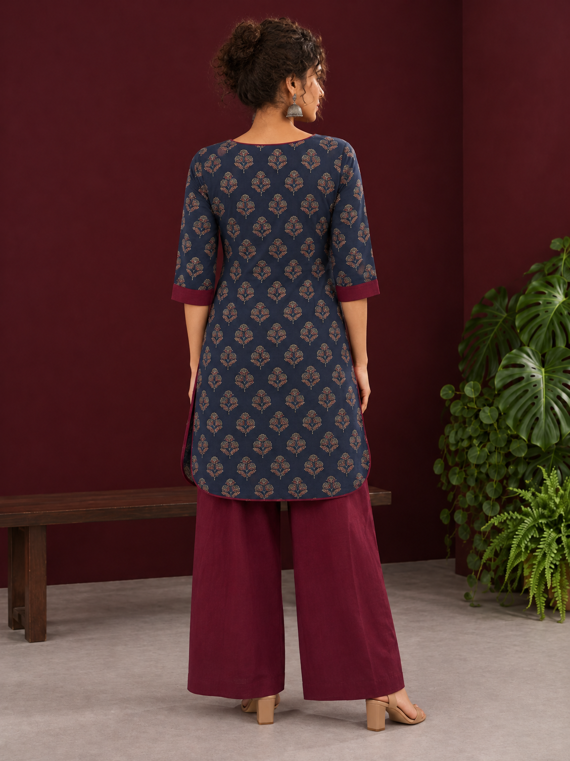 Navy Blue Cotton Kurta with Floral Ajrakh Print & Maroon Contrast Sleeve Cuffs and Maroon Farshi Salwar — back view — view 2