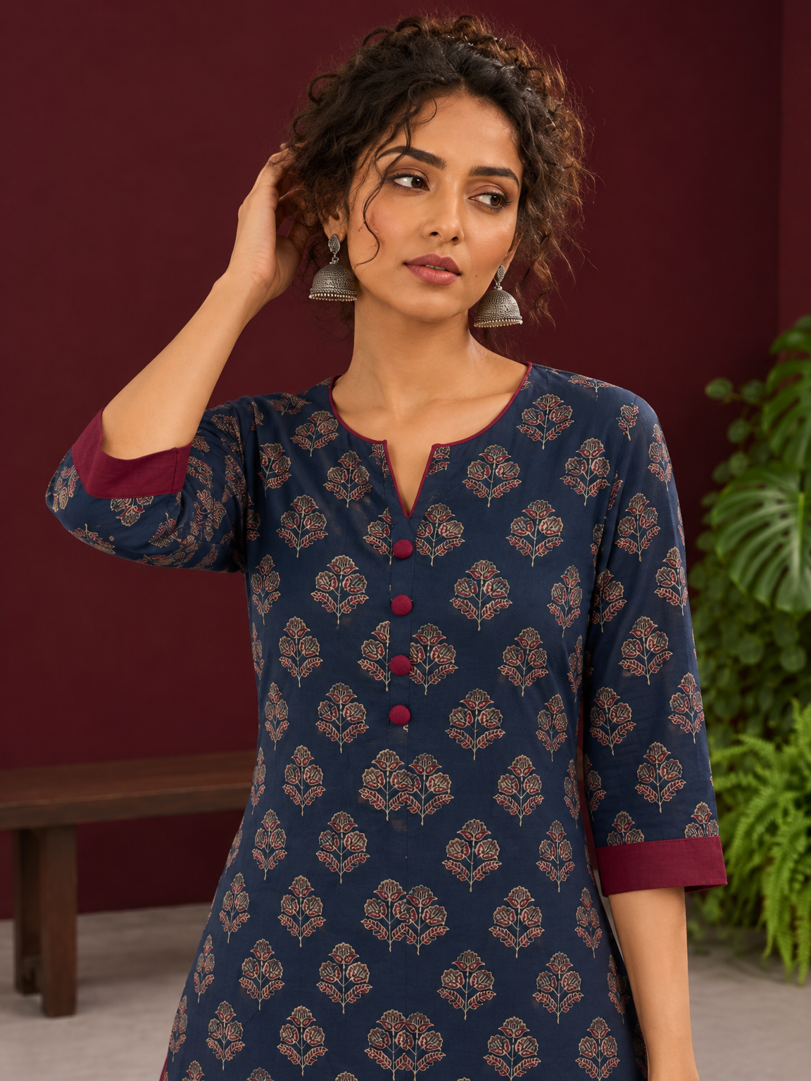 Navy Blue Cotton Kurta with Floral Ajrakh Print & Maroon Contrast Sleeve Cuffs and Maroon Farshi Salwar — styled view — view 4