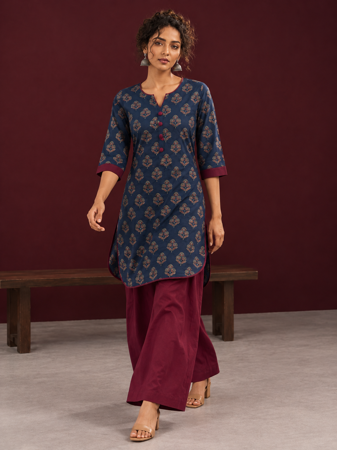 Navy Blue Cotton Kurta with Floral Ajrakh Print & Maroon Contrast Sleeve Cuffs and Maroon Farshi Salwar — in motion — view 7
