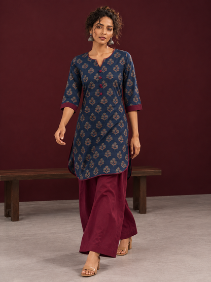 Navy Blue Cotton Kurta with Floral Ajrakh Print & Maroon Contrast Sleeve Cuffs and Maroon Farshi Salwar — in motion