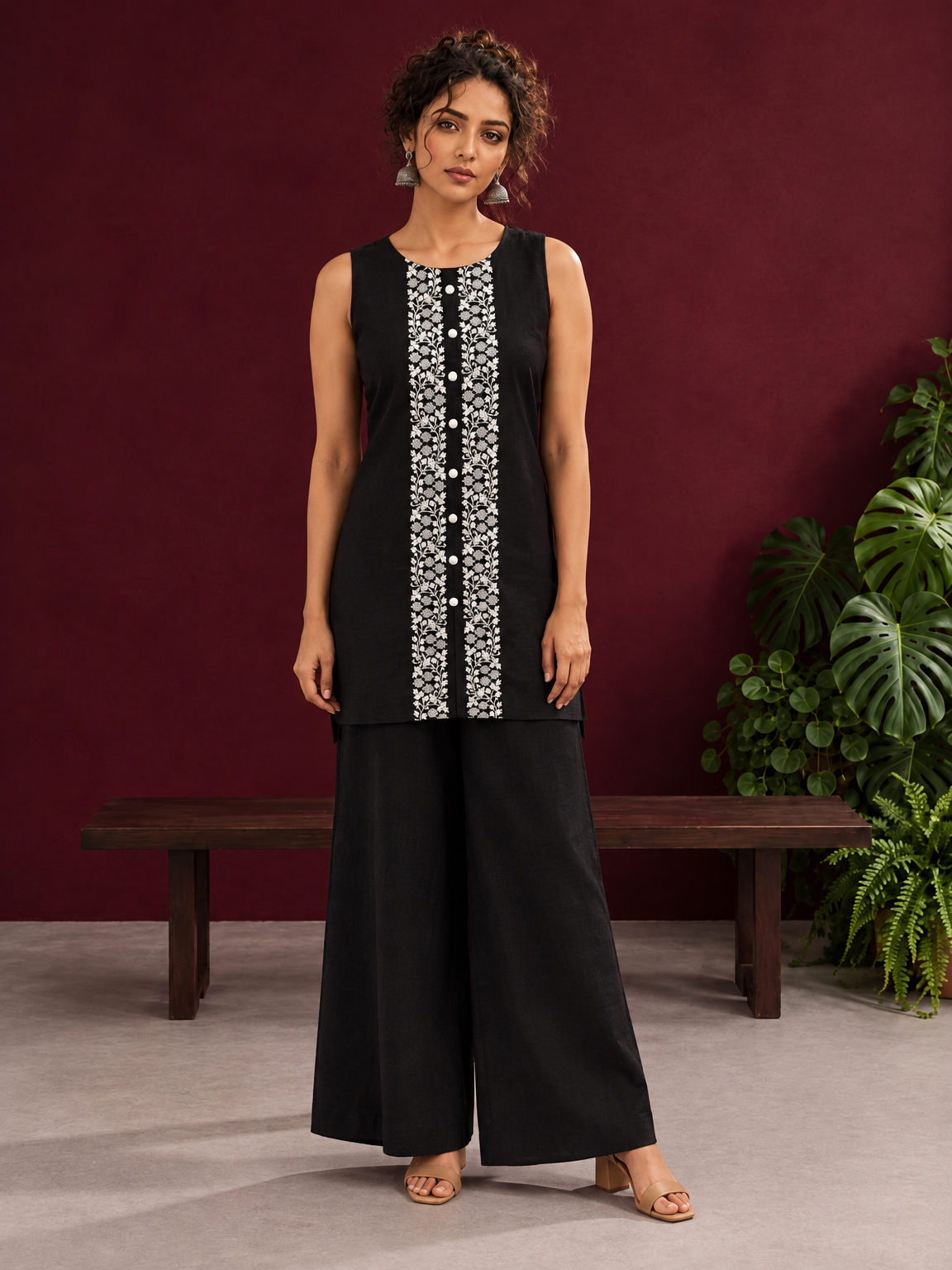 Elegant Black Cotton Sleeveless Coord with White Floral lace Front Placket & Buttons with black palazzo pants